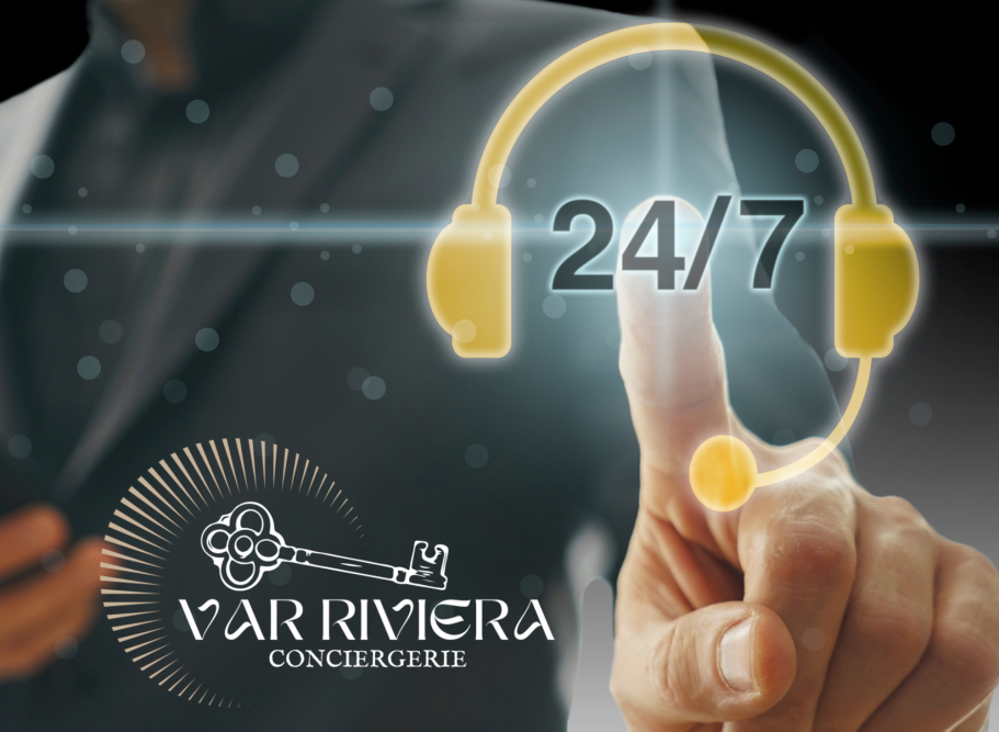 Icône de service client 24/7 avec un écouteur et un doigt pointant.