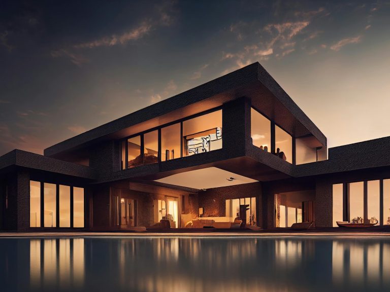 Maison moderne avec de grandes fenêtres, éclairée à la tombée de la nuit.